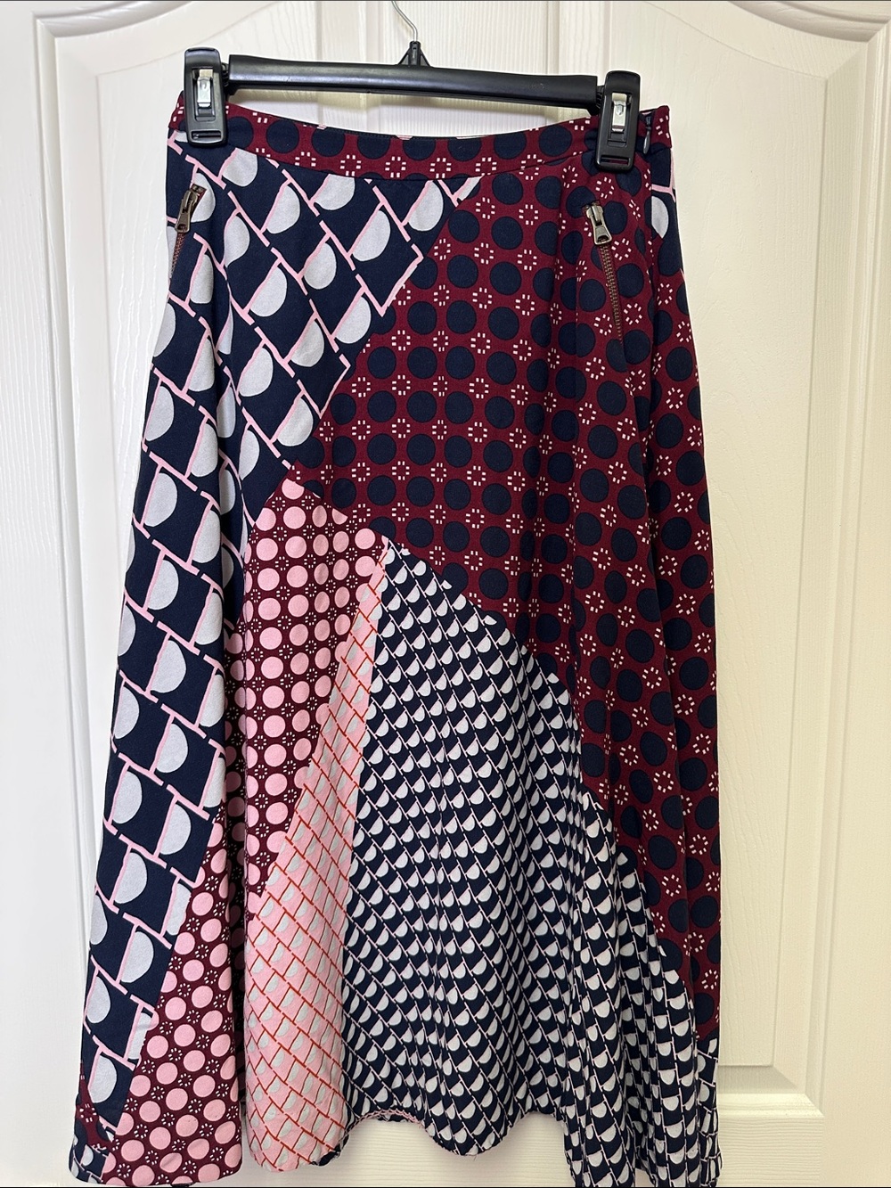 HD in Paris Patchwork A-Line Midi Skirt in Navy, Pink & Burgundy Anthropologie